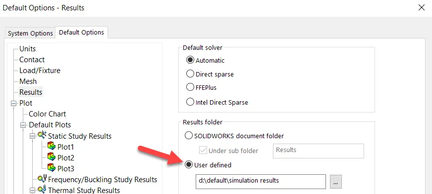 Simulation Options window User defined results folder
